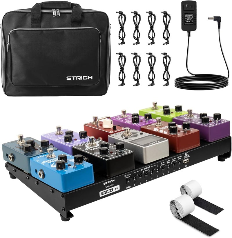 STRICH Guitar Pedal Board with Built-in Power Supply, Pedal Board 15 x 7.8" Lightweight Aluminum Alloy, PedalBoard with Pedal Cables, Bag, Hook Loop Strips PB-MP15 - Image 1